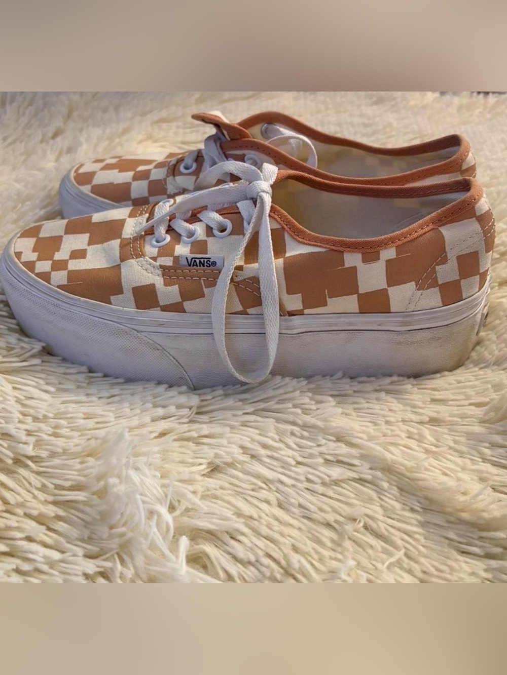 Women's US 6.5 Tan + white Checkered Platform Vans Sneakers Shoes EUC
